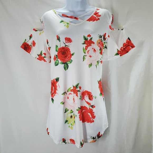 Casual T-Shirt V Neck Cold Shoulder Short Sleeve - Picture 1 of 5